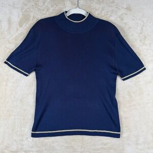Saks Fifth Avenue Collection Silk Navy Sh Slv Mock Neck Knit Top L Metallic Trim